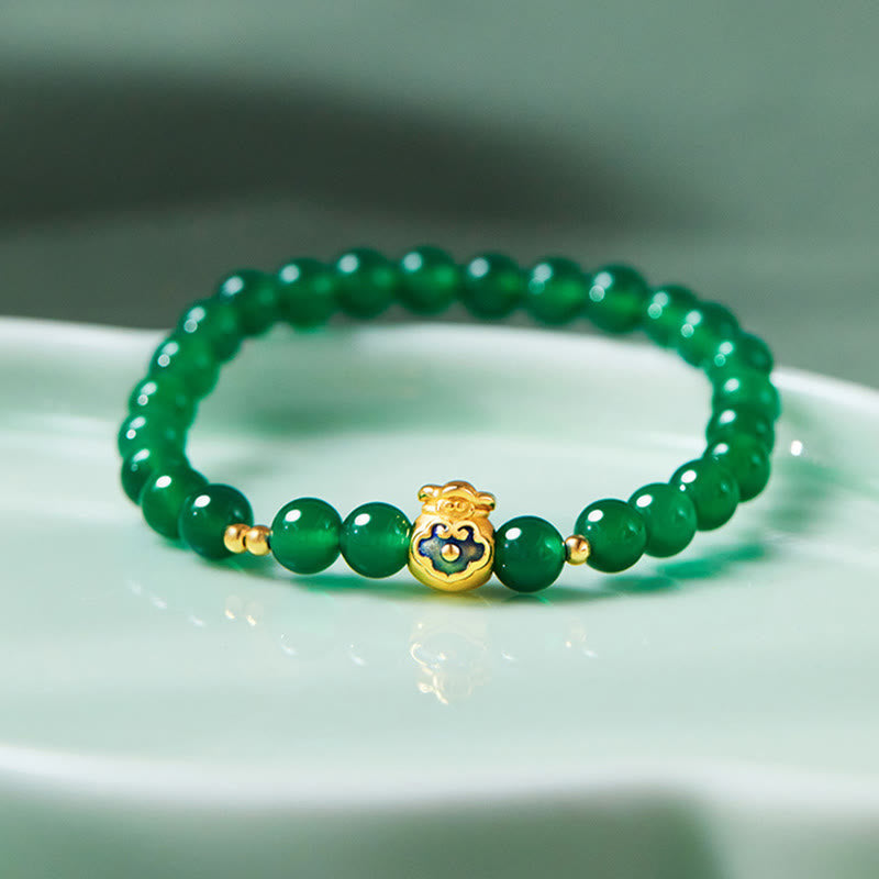 Wear FengShui 999 Sterling Silver Lucky Bag Green Chalcedony Calm Bracelet
