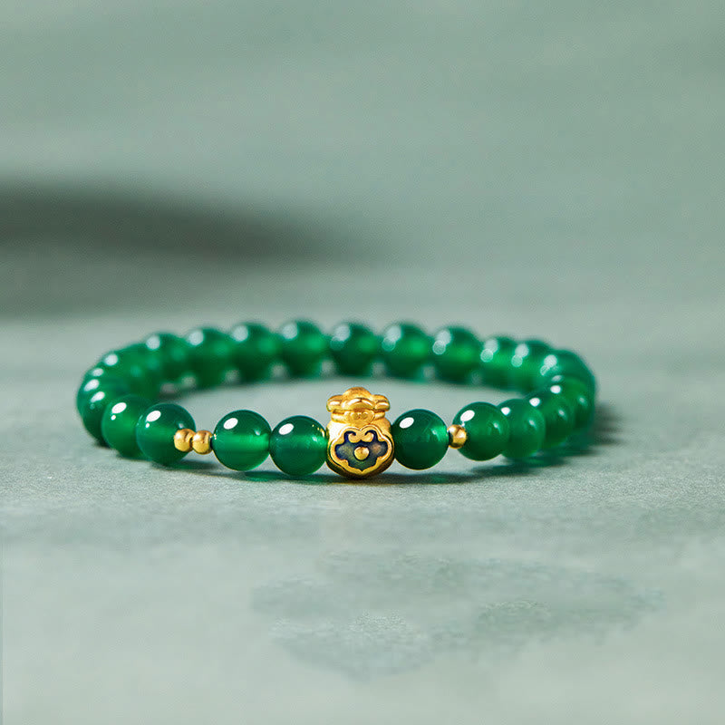 Wear FengShui 999 Sterling Silver Lucky Bag Green Chalcedony Calm Bracelet
