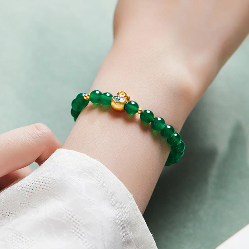 Wear FengShui 999 Sterling Silver Lucky Bag Green Chalcedony Calm Bracelet