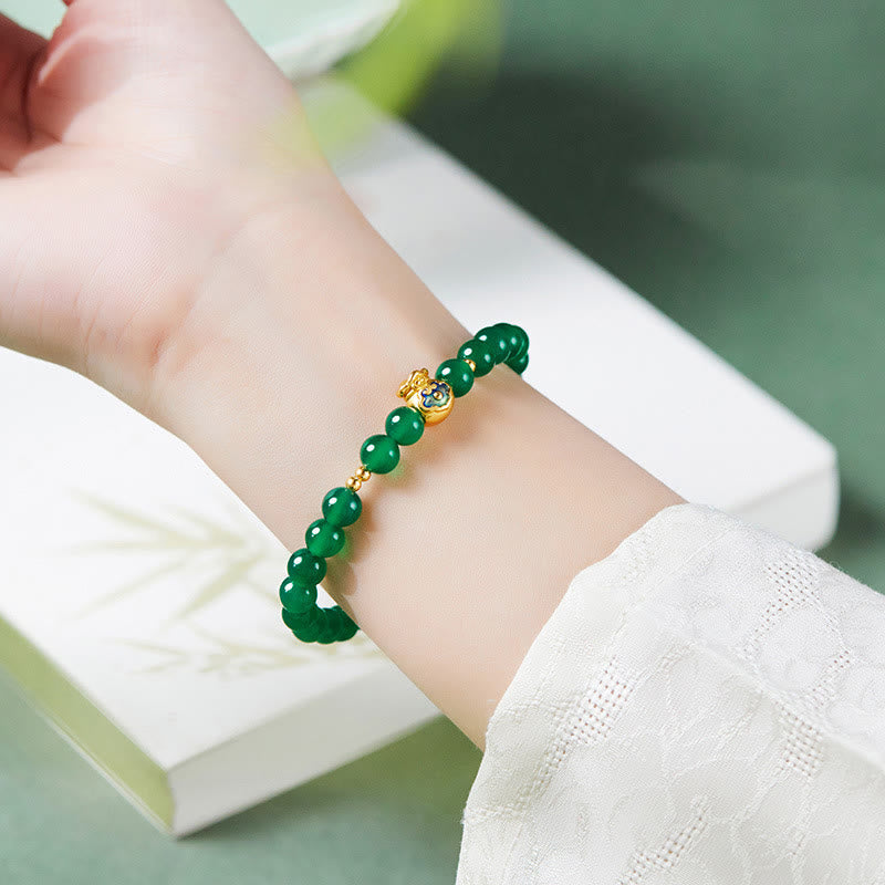 Wear FengShui 999 Sterling Silver Lucky Bag Green Chalcedony Calm Bracelet