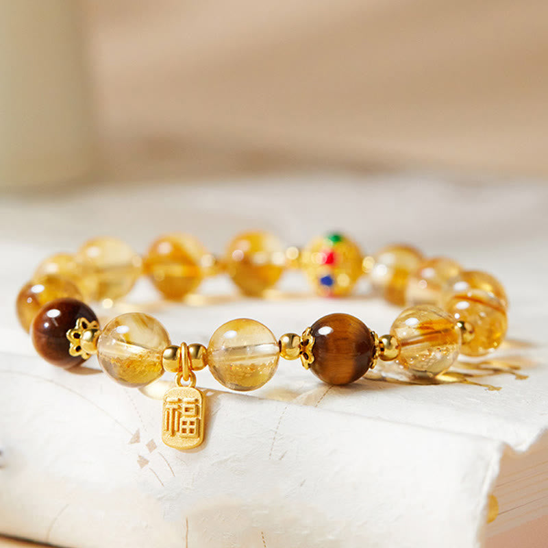 Wear FengShui 925 Sterling Silver Fu Character Citrine Tiger Eye Protection Bracelet