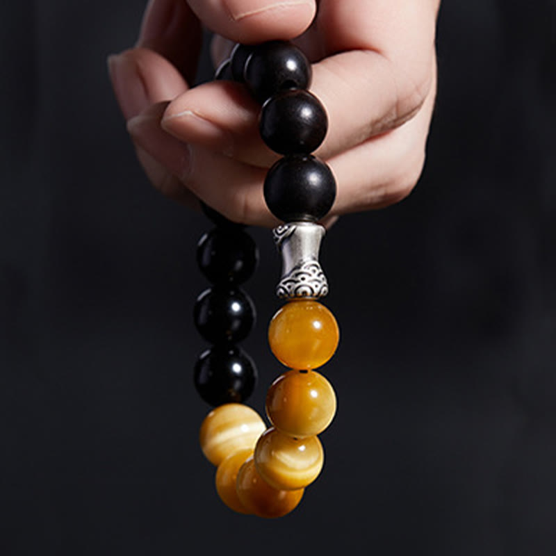 Wear FengShui 999 Sterling Silver Ebony Tiger Eye Black Obsidian Relax Bracelet