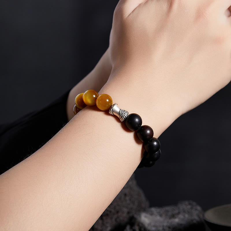 Wear FengShui 999 Sterling Silver Ebony Tiger Eye Black Obsidian Relax Bracelet
