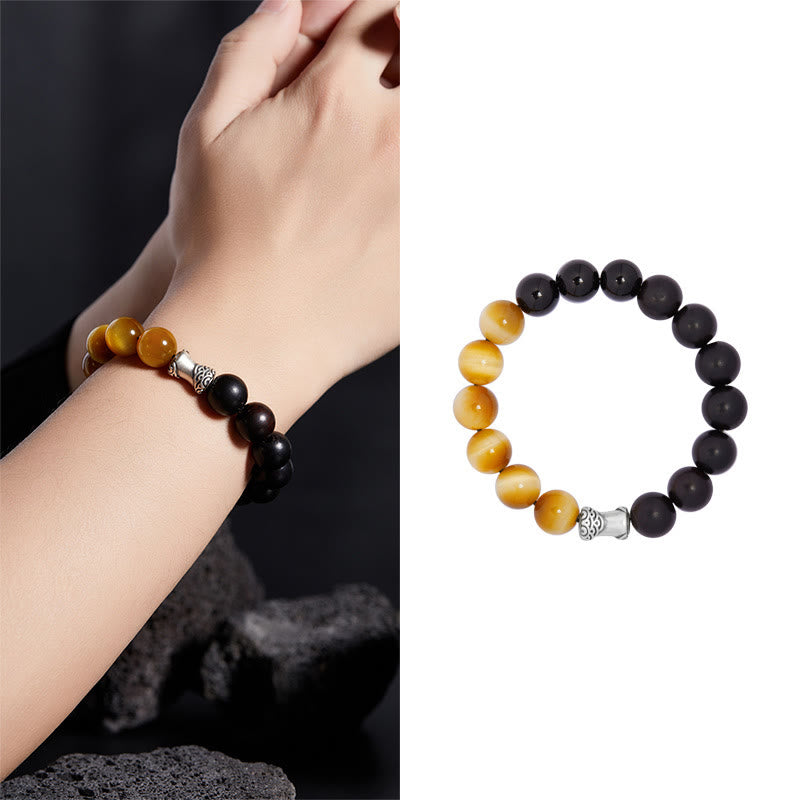Wear FengShui 999 Sterling Silver Ebony Tiger Eye Black Obsidian Relax Bracelet