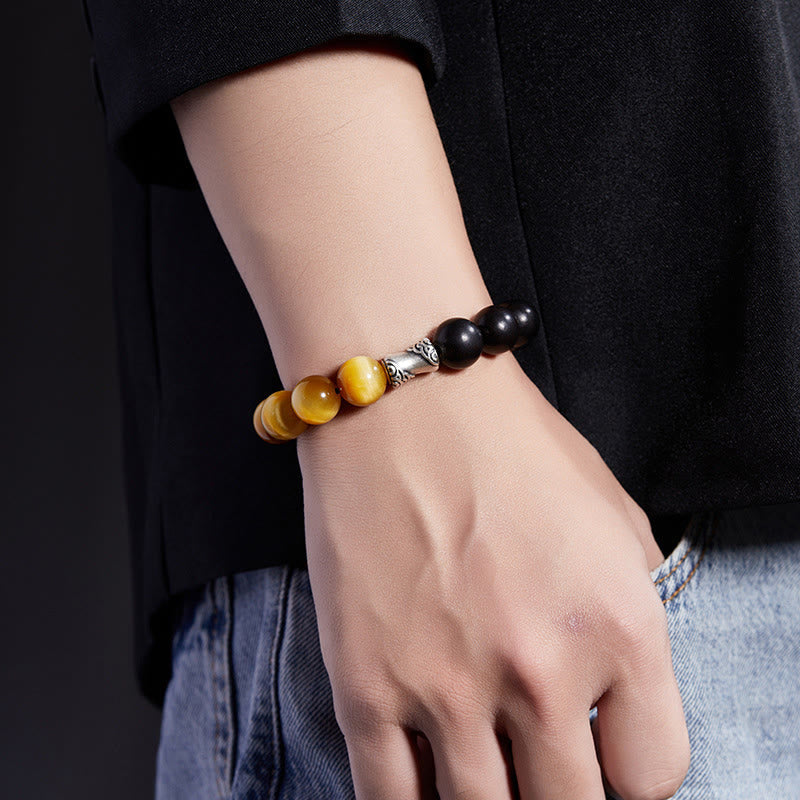 Wear FengShui 999 Sterling Silver Ebony Tiger Eye Black Obsidian Relax Bracelet