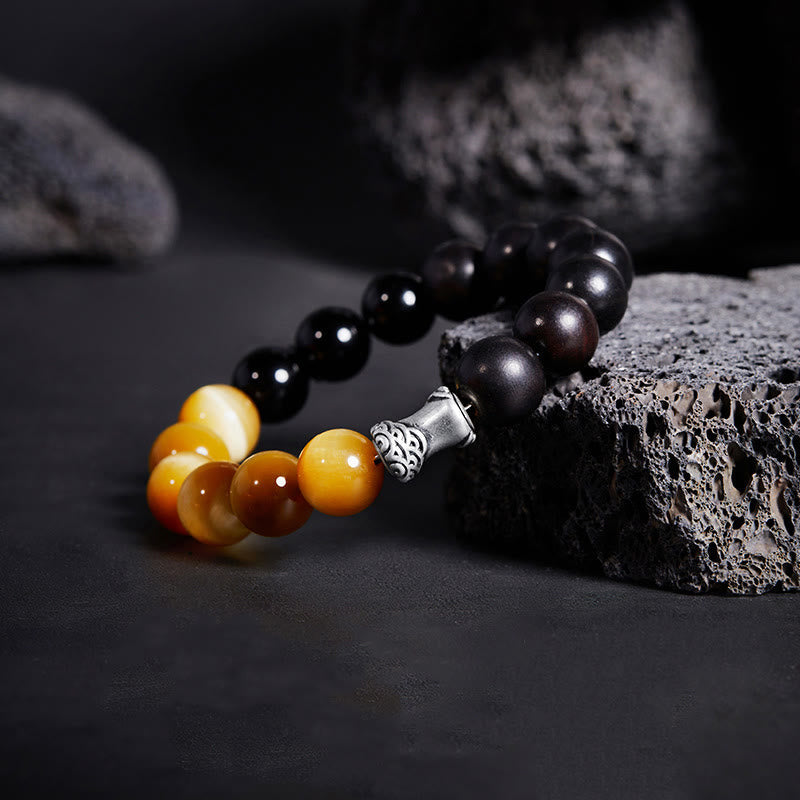 Wear FengShui 999 Sterling Silver Ebony Tiger Eye Black Obsidian Relax Bracelet