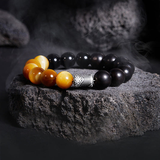 Wear FengShui 999 Sterling Silver Ebony Tiger Eye Black Obsidian Relax Bracelet