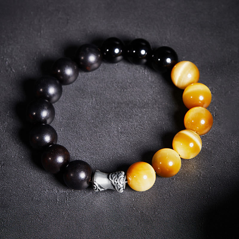Wear FengShui 999 Sterling Silver Ebony Tiger Eye Black Obsidian Relax Bracelet