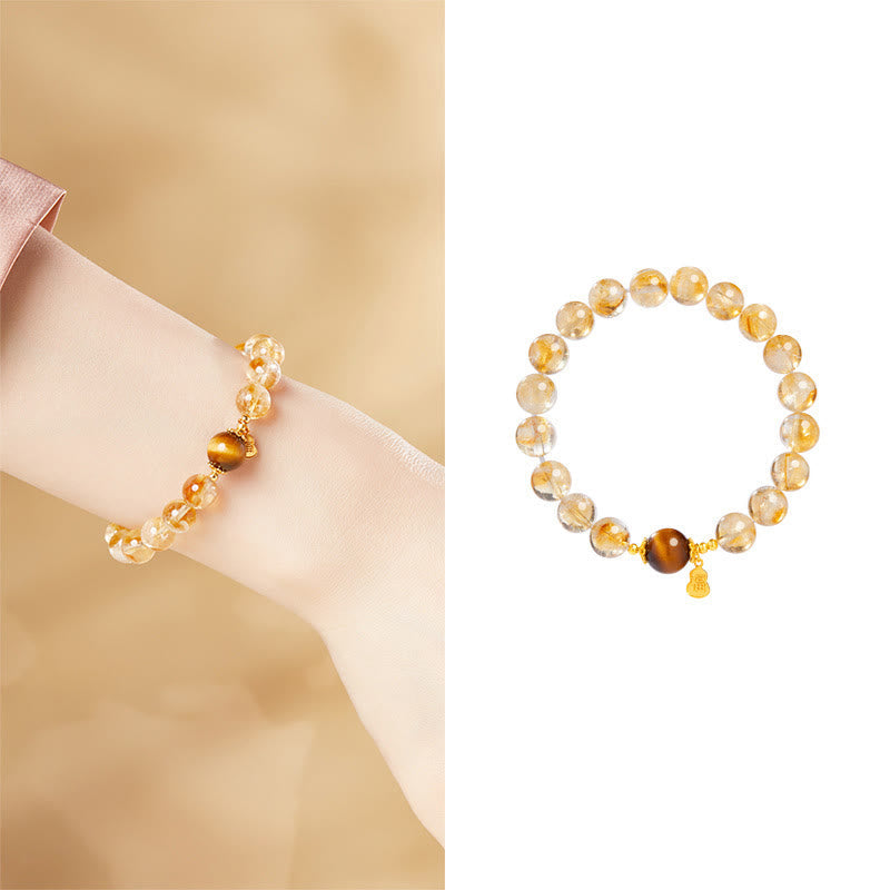 Wear FengShui 925 Sterling Silver Gourd Fu Character Citrine Tiger Eye Prosperity Bracelet