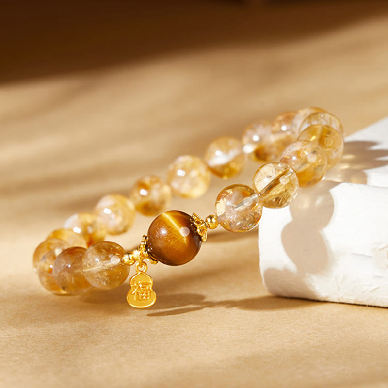 Wear FengShui 925 Sterling Silver Gourd Fu Character Citrine Tiger Eye Prosperity Bracelet