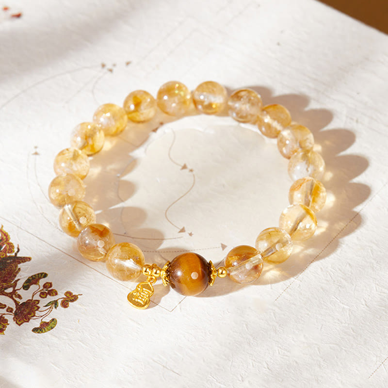Wear FengShui 925 Sterling Silver Gourd Fu Character Citrine Tiger Eye Prosperity Bracelet