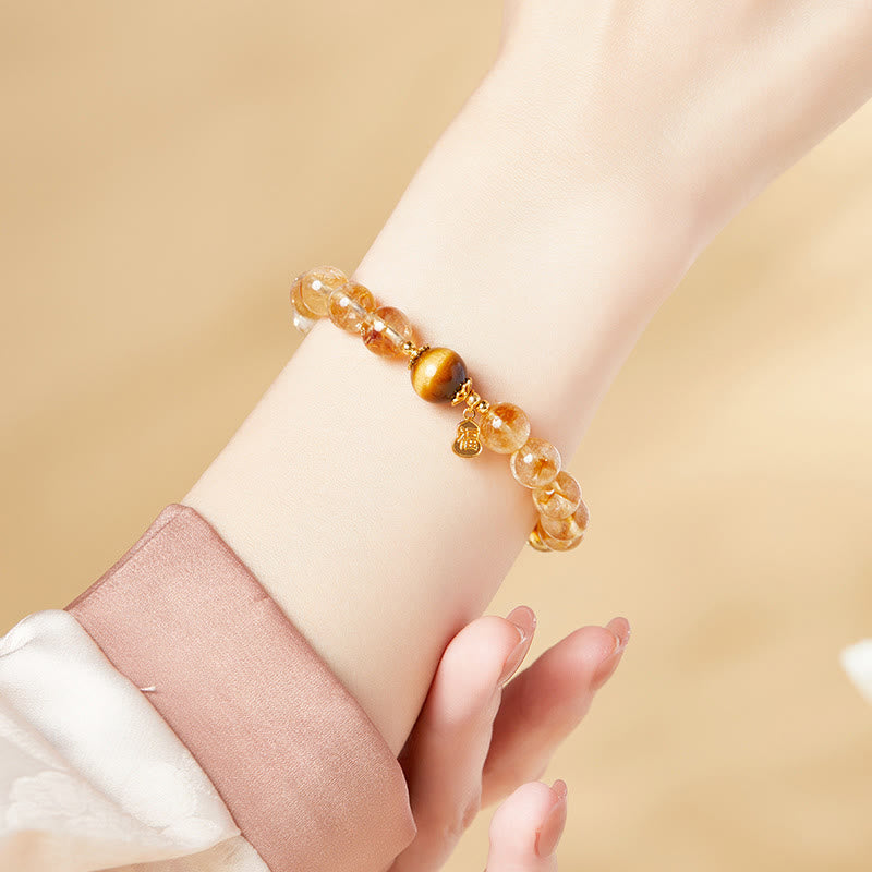 Wear FengShui 925 Sterling Silver Gourd Fu Character Citrine Tiger Eye Prosperity Bracelet