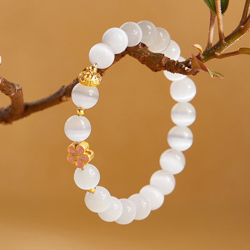 Wear FengShui 925 Sterling Silver Natural Peach Blossom White Cat's Eye Positive Bracelet