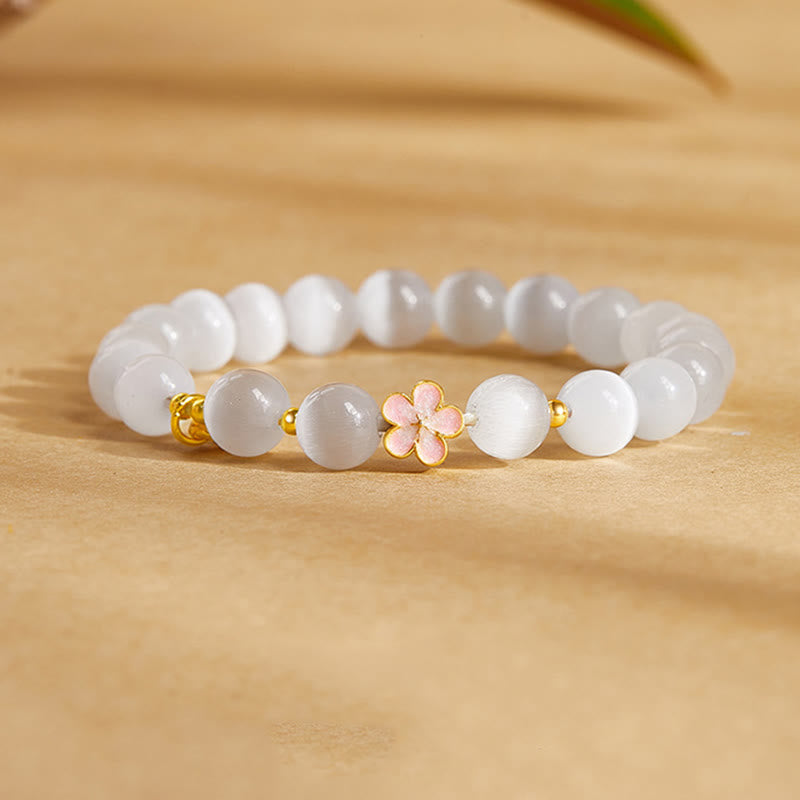 Wear FengShui 925 Sterling Silver Natural Peach Blossom White Cat's Eye Positive Bracelet