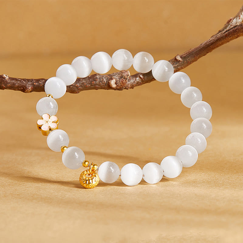 Wear FengShui 925 Sterling Silver Natural Peach Blossom White Cat's Eye Positive Bracelet
