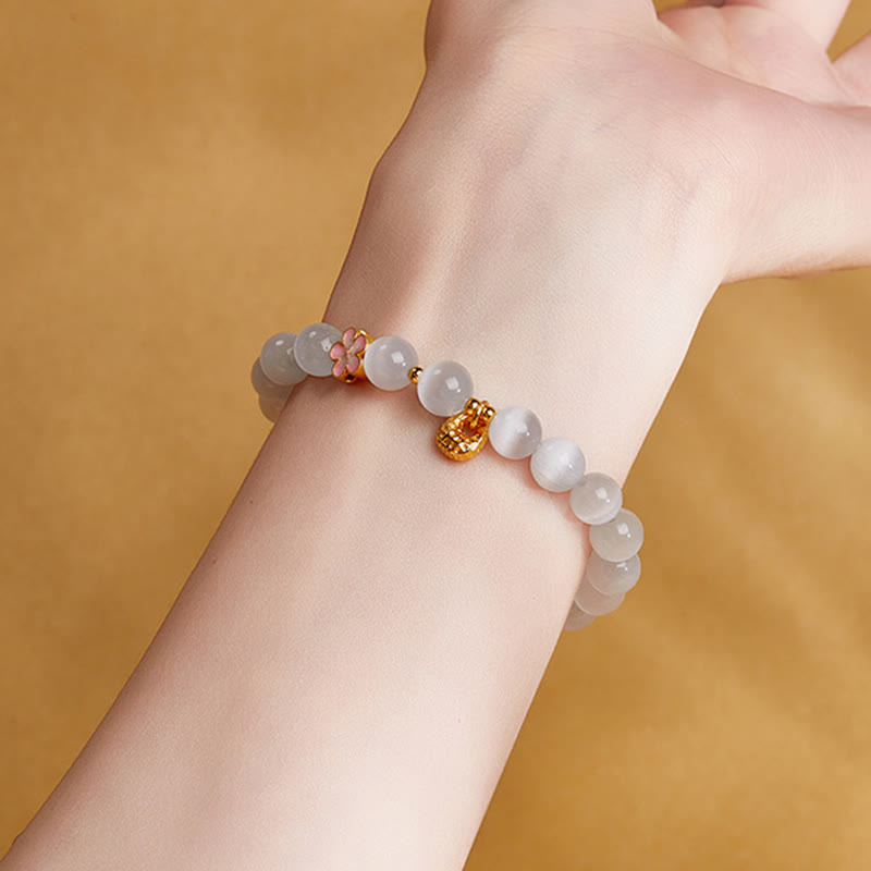 Wear FengShui 925 Sterling Silver Natural Peach Blossom White Cat's Eye Positive Bracelet