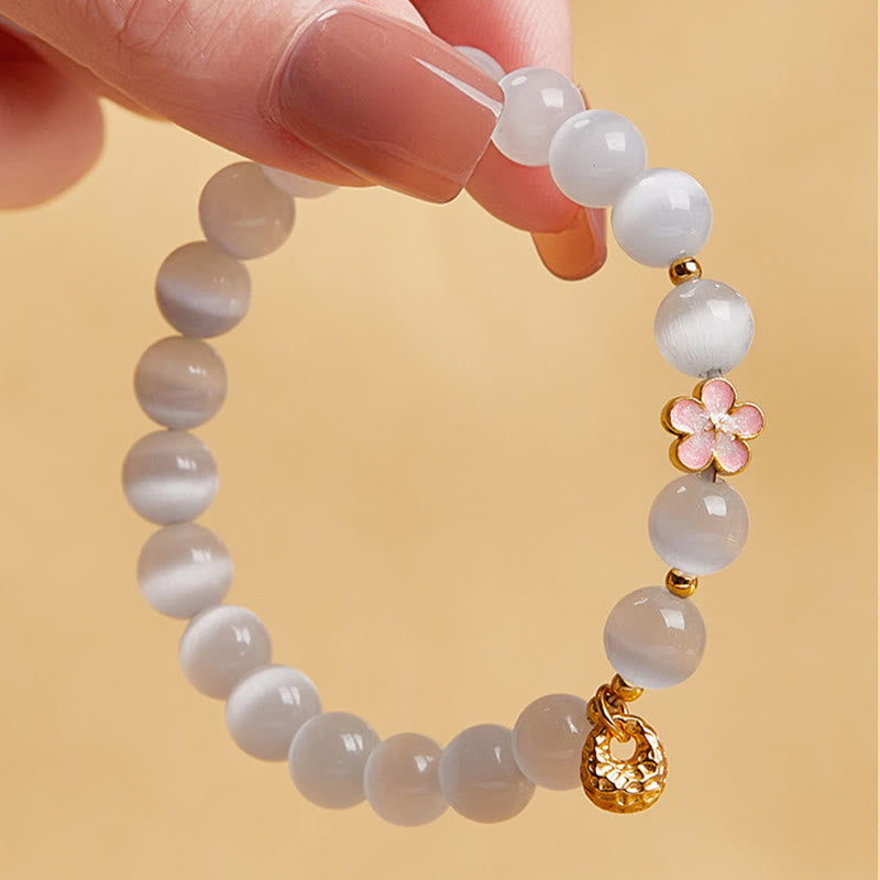 Wear FengShui 925 Sterling Silver Natural Peach Blossom White Cat's Eye Positive Bracelet