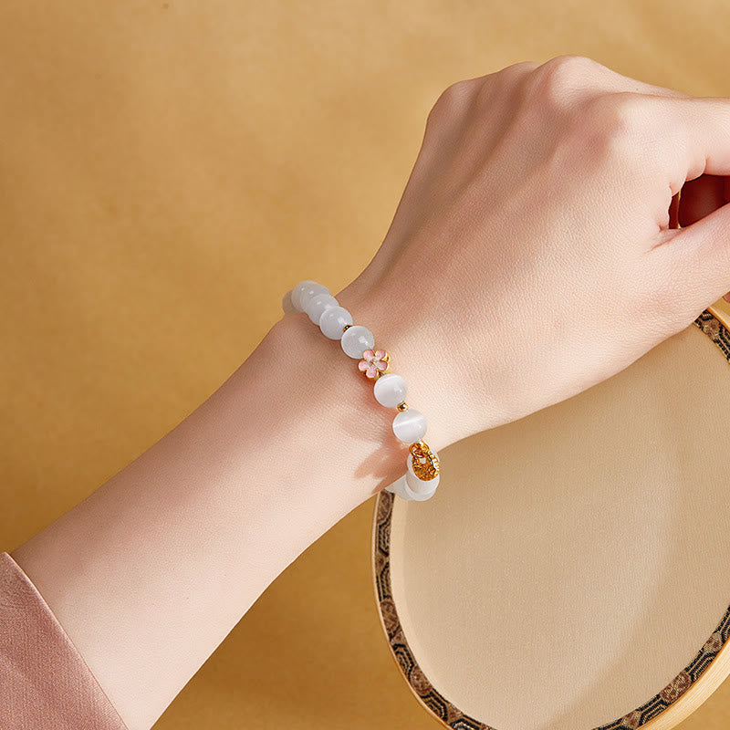 Wear FengShui 925 Sterling Silver Natural Peach Blossom White Cat's Eye Positive Bracelet