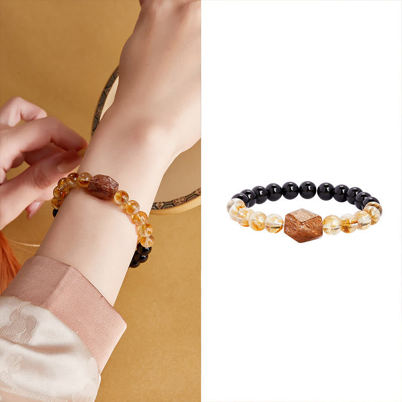 Wear FengShui Natural Black Obsidian Citrine Super Seven Crystal Strength Bracelet