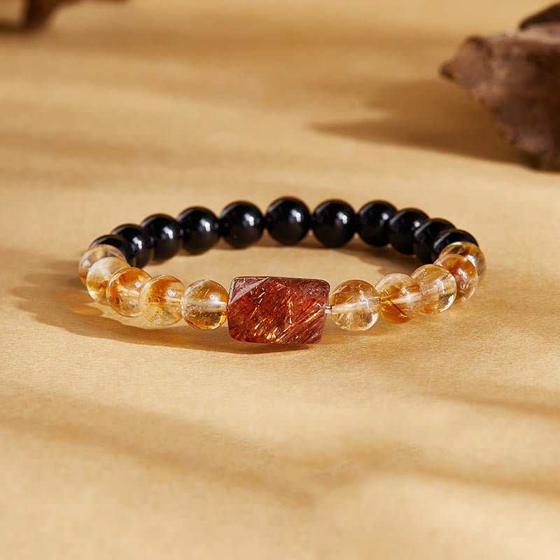 Wear FengShui Natural Black Obsidian Citrine Super Seven Crystal Strength Bracelet