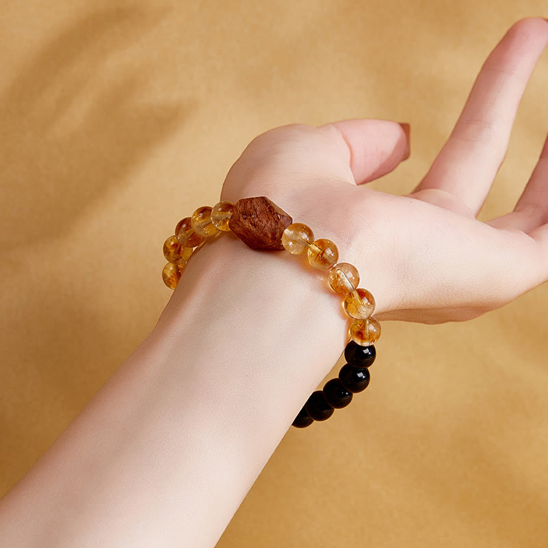 Wear FengShui Natural Black Obsidian Citrine Super Seven Crystal Strength Bracelet