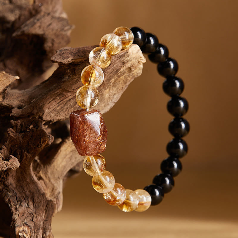 Wear FengShui Natural Black Obsidian Citrine Super Seven Crystal Strength Bracelet