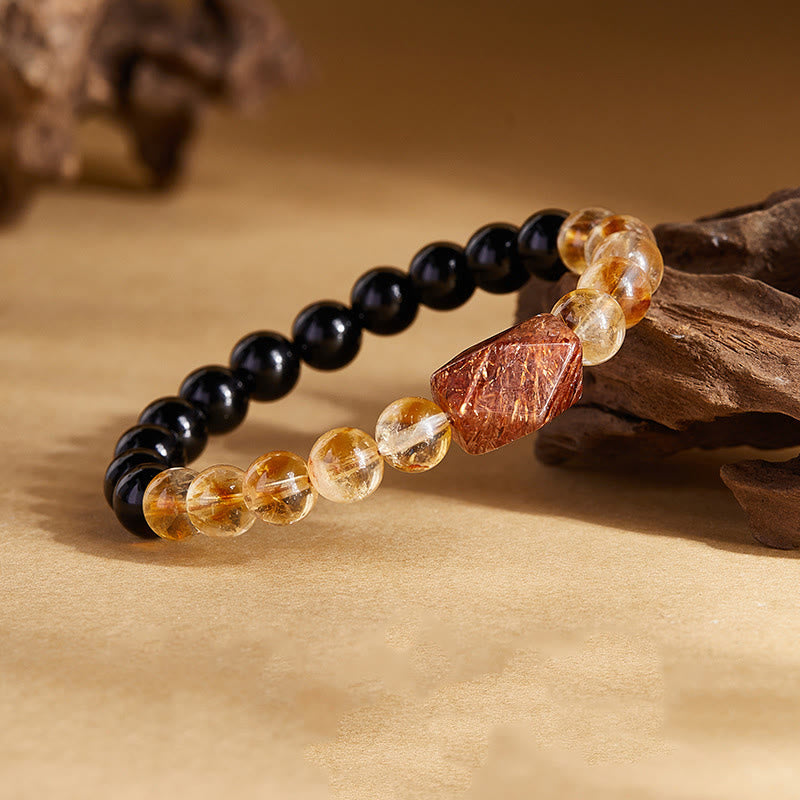 Wear FengShui Natural Black Obsidian Citrine Super Seven Crystal Strength Bracelet