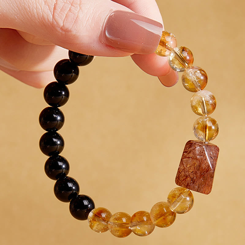 Wear FengShui Natural Black Obsidian Citrine Super Seven Crystal Strength Bracelet