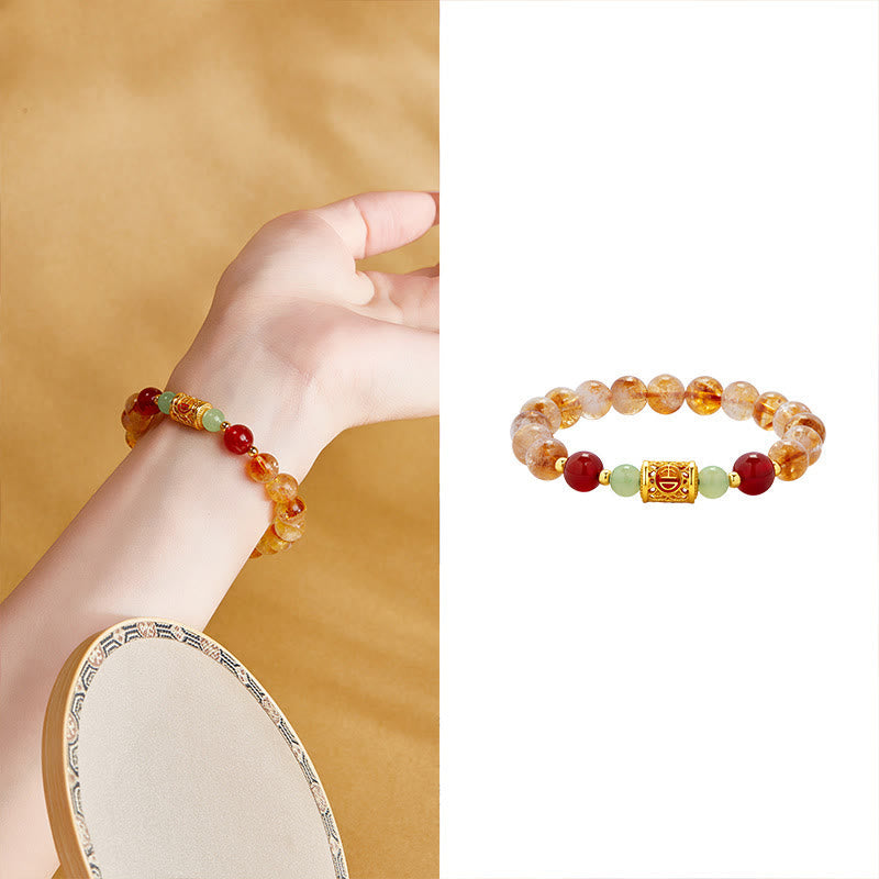 Wear FengShui 999 Sterling Silver Natural Citrine Red Agate Hetian Jade Beads Protection Bracelet