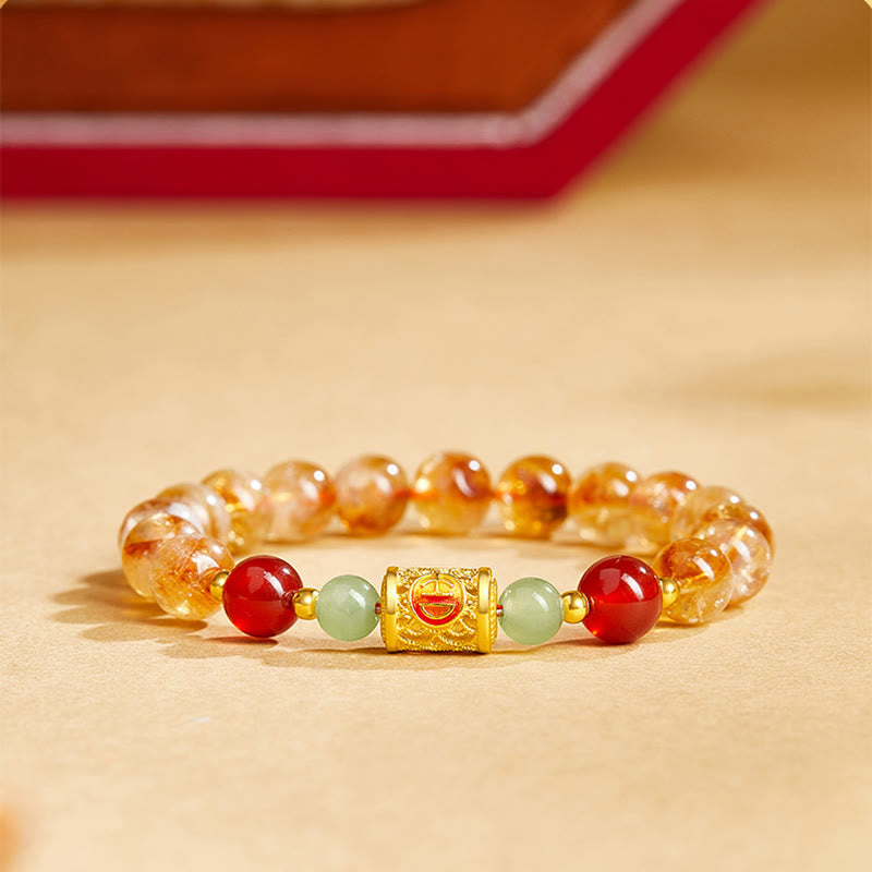 Wear FengShui 999 Sterling Silver Natural Citrine Red Agate Hetian Jade Beads Protection Bracelet