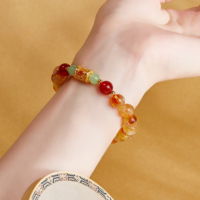 Wear FengShui 999 Sterling Silver Natural Citrine Red Agate Hetian Jade Beads Protection Bracelet