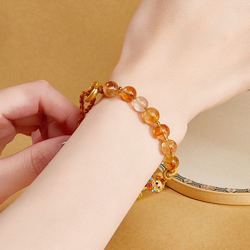 Wear FengShui 925 Sterling Silver Natural Citrine White Crystal Peace Buckle Meaning Fu Character Protection Braided String Bracelet