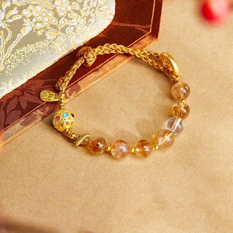 Wear FengShui 925 Sterling Silver Natural Citrine White Crystal Peace Buckle Meaning Fu Character Protection Braided String Bracelet