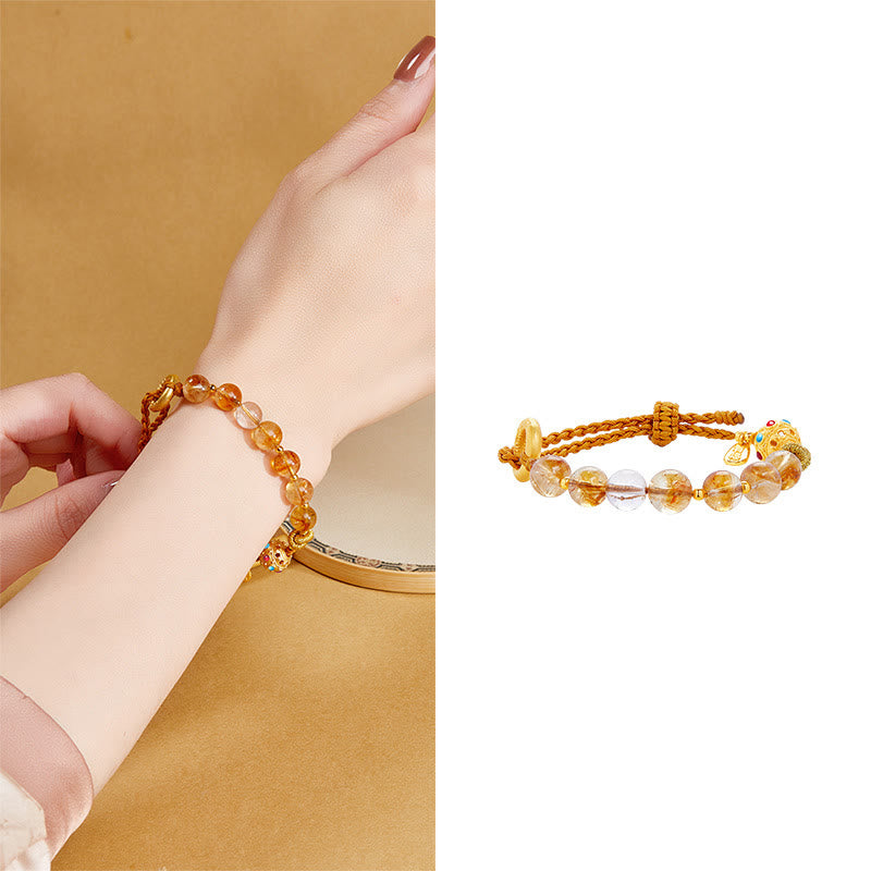 Wear FengShui 925 Sterling Silver Natural Citrine White Crystal Peace Buckle Meaning Fu Character Protection Braided String Bracelet