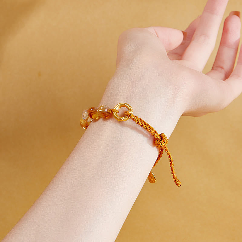 Wear FengShui 925 Sterling Silver Natural Citrine White Crystal Peace Buckle Meaning Fu Character Protection Braided String Bracelet