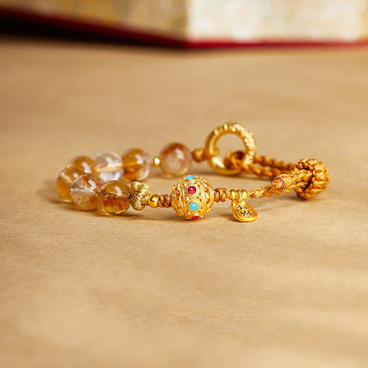 Wear FengShui 925 Sterling Silver Natural Citrine White Crystal Peace Buckle Meaning Fu Character Protection Braided String Bracelet