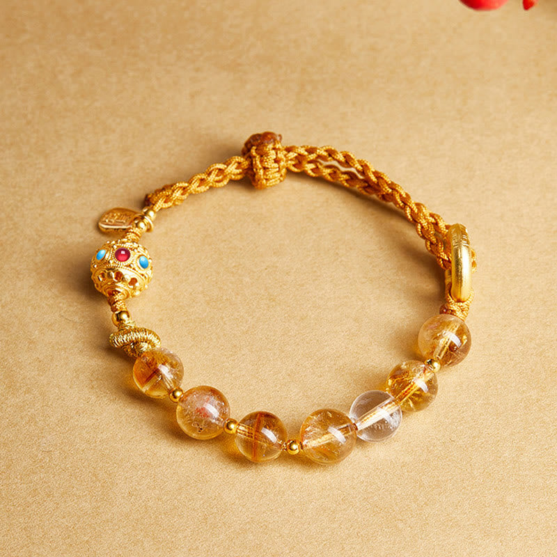 Wear FengShui 925 Sterling Silver Natural Citrine White Crystal Peace Buckle Meaning Fu Character Protection Braided String Bracelet