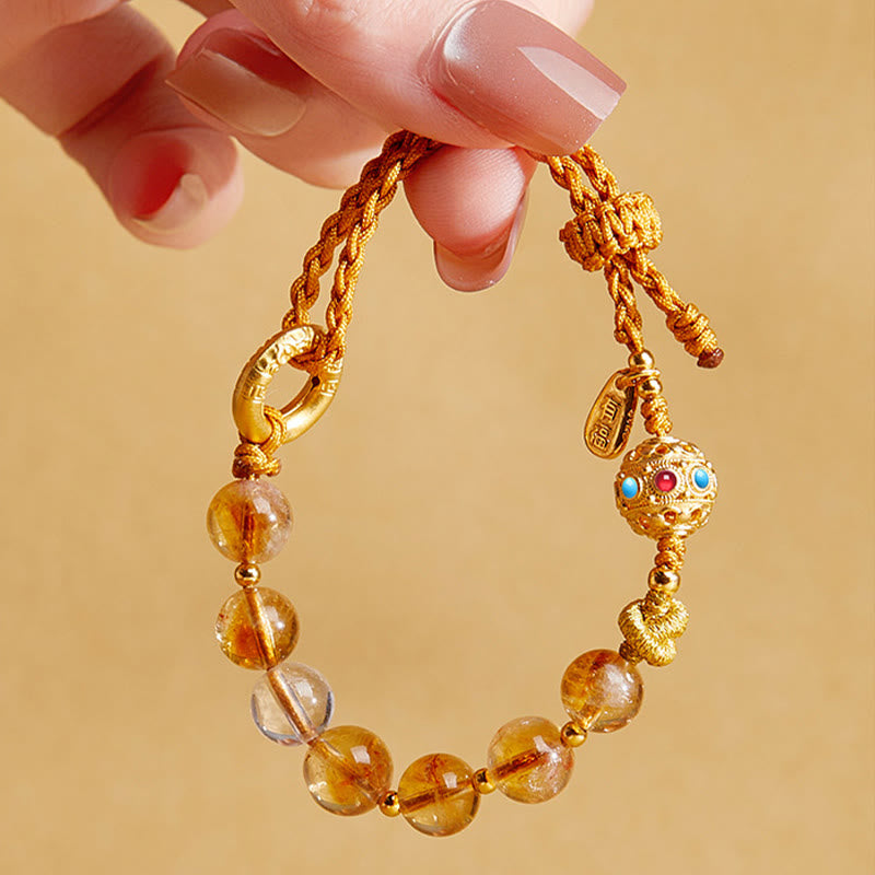 Wear FengShui 925 Sterling Silver Natural Citrine White Crystal Peace Buckle Meaning Fu Character Protection Braided String Bracelet