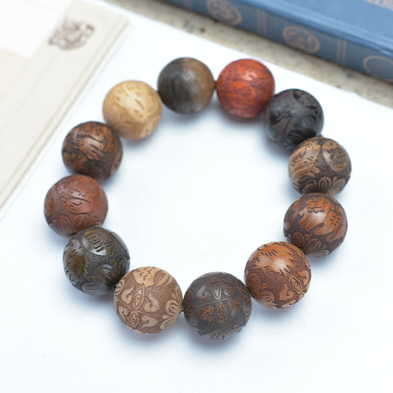 Wear FengShui Carving Sandalwood Chinese Zodiac Auspicious Dragon Phoenix Fu Character Healing Bracelet