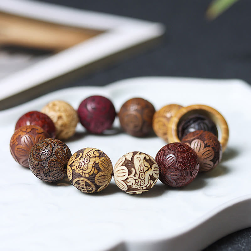 Wear FengShui Carving Sandalwood Chinese Zodiac Auspicious Dragon Phoenix Fu Character Healing Bracelet