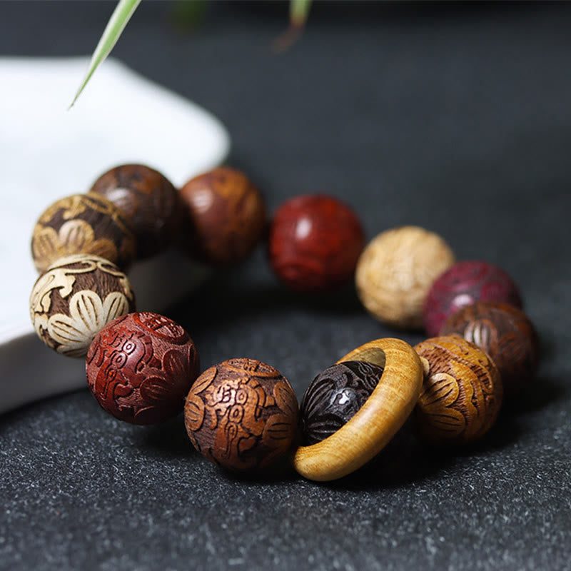 Wear FengShui Carving Sandalwood Chinese Zodiac Auspicious Dragon Phoenix Fu Character Healing Bracelet