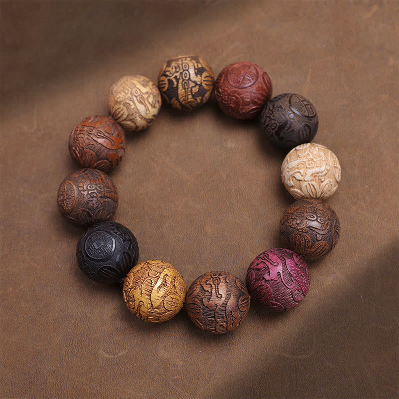 Wear FengShui Carving Sandalwood Chinese Zodiac Auspicious Dragon Phoenix Fu Character Healing Bracelet