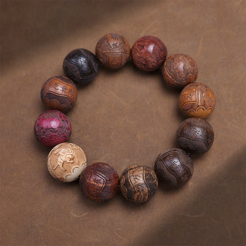 Wear FengShui Carving Sandalwood Chinese Zodiac Auspicious Dragon Phoenix Fu Character Healing Bracelet