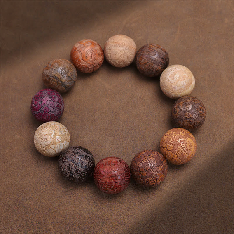 Wear FengShui Carving Sandalwood Chinese Zodiac Auspicious Dragon Phoenix Fu Character Healing Bracelet