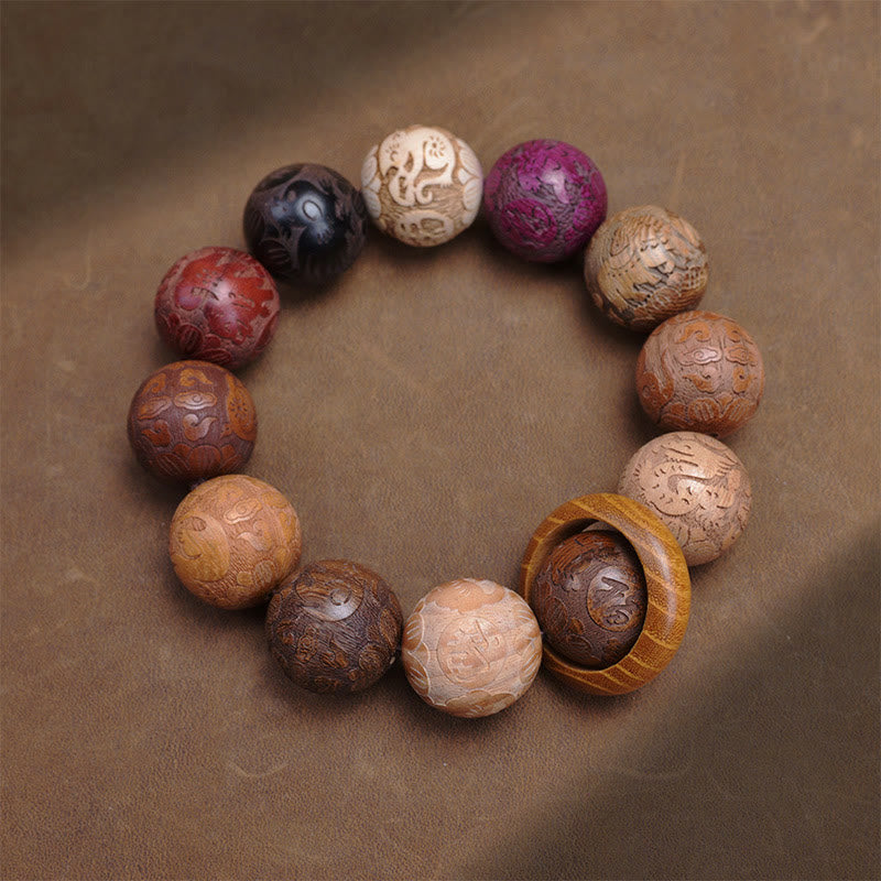 Wear FengShui Carving Sandalwood Chinese Zodiac Auspicious Dragon Phoenix Fu Character Healing Bracelet