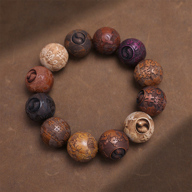 Wear FengShui Carving Sandalwood Chinese Zodiac Auspicious Dragon Phoenix Fu Character Healing Bracelet
