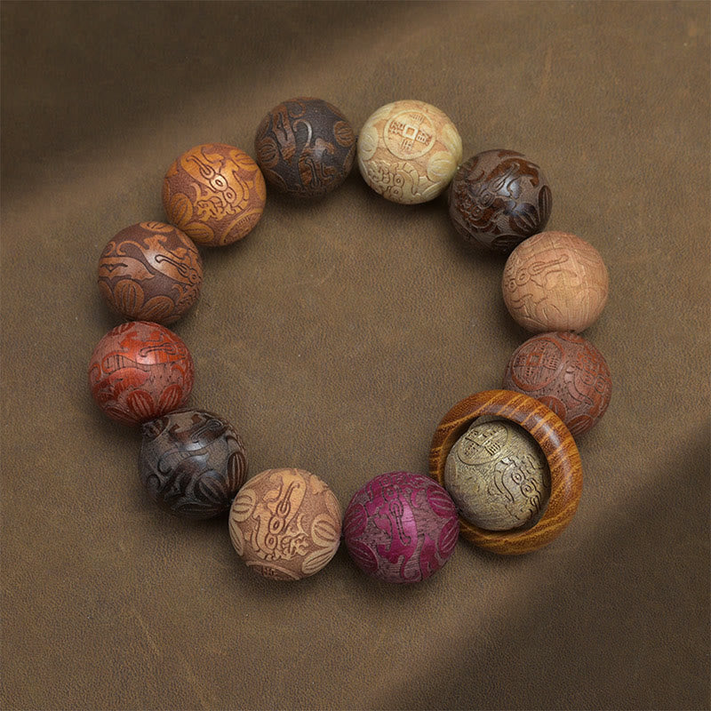 Wear FengShui Carving Sandalwood Chinese Zodiac Auspicious Dragon Phoenix Fu Character Healing Bracelet