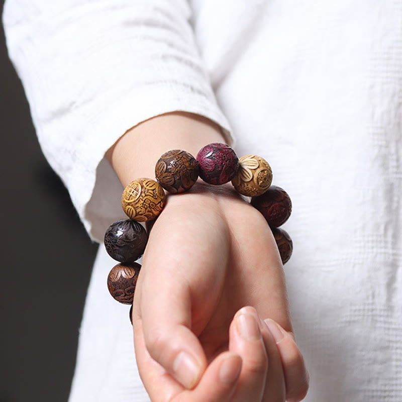 Wear FengShui Carving Sandalwood Chinese Zodiac Auspicious Dragon Phoenix Fu Character Healing Bracelet