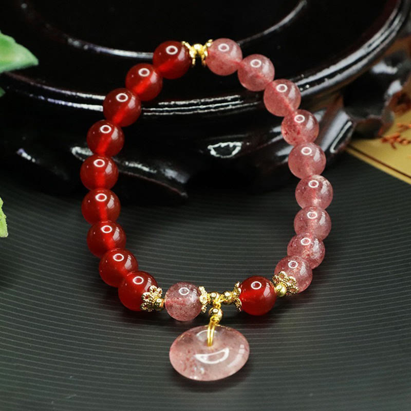 Wear FengShui Strawberry Quartz Red Agate Peace Buckle Positive Luck Bracelet