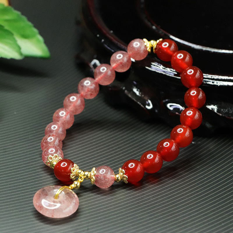 Wear FengShui Strawberry Quartz Red Agate Peace Buckle Positive Luck Bracelet